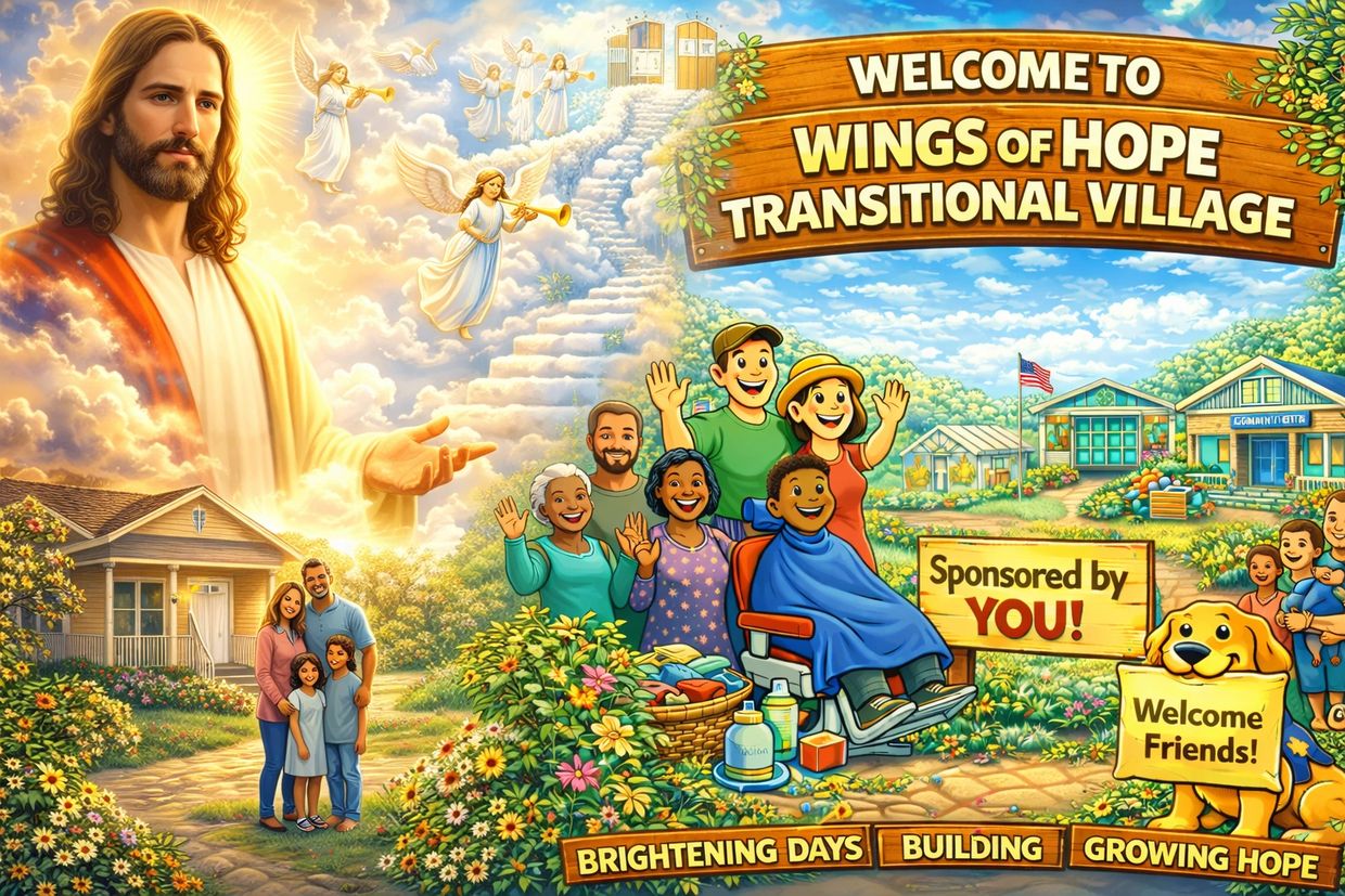 Colorful illustration welcoming to Wings of Hope Transitional Village with joyful people and a divine figure.
