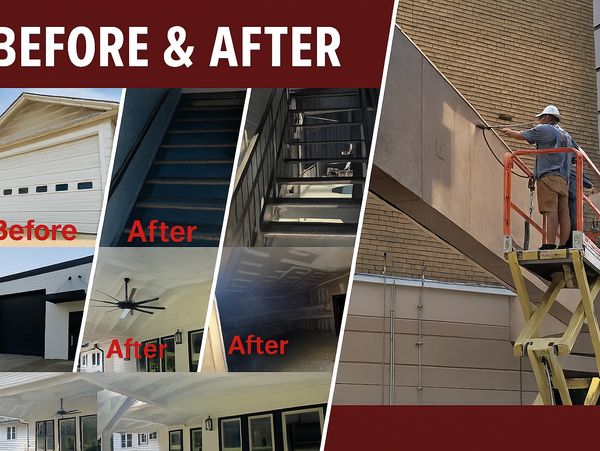 Before and after images showing a home renovation and a worker power washing an exterior.