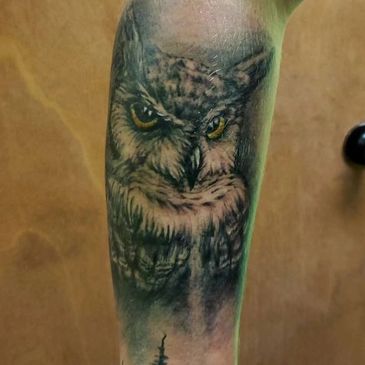 Image of a American traditional realistic owl tattoo