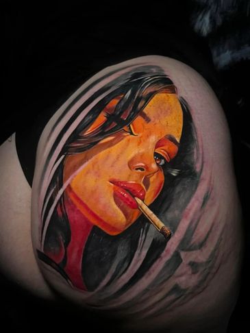 Hyper realistic Bold Beautiful colors, woman smoking cigarette