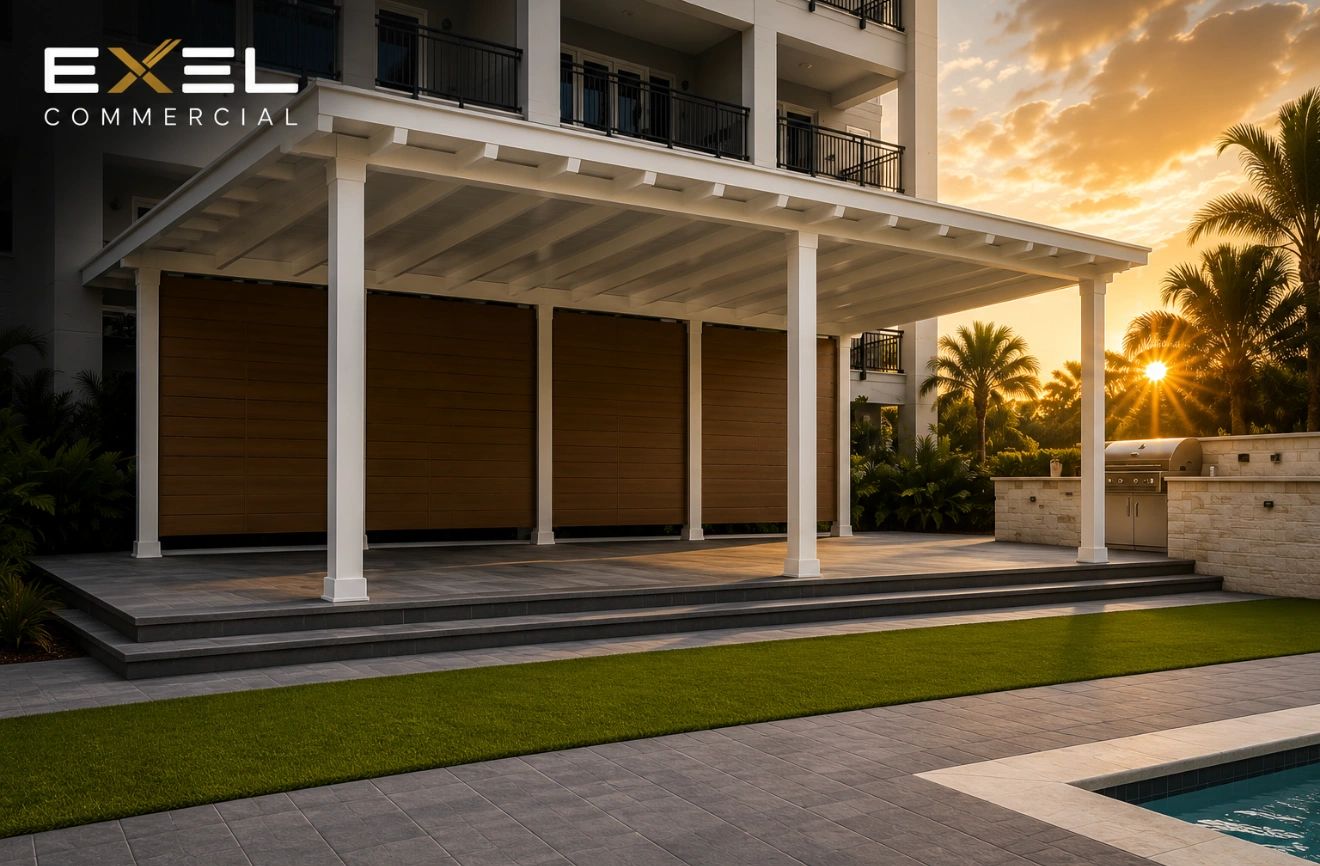 Modern outdoor patio space at sunset with EXEL Commercial logo.
