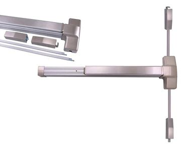 Silver horizontal panic bar for emergency exit doors.