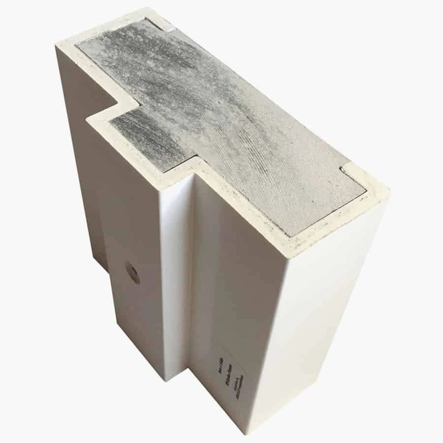 White construction block with a unique interlocking shape.