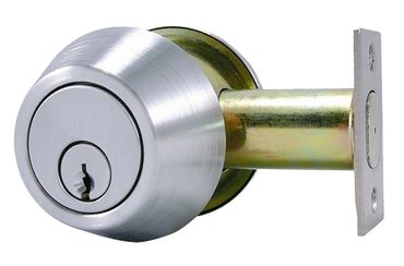 Stainless steel deadbolt lock with keyhole for door security.