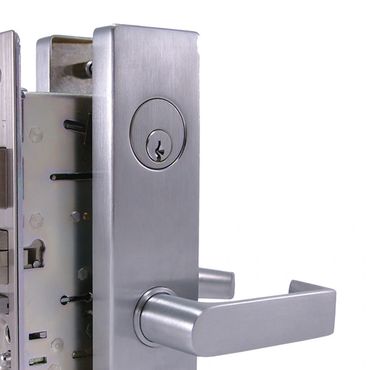 Modern stainless steel door handle with lock mechanism.