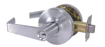 Silver lever door handle with lock mechanism.