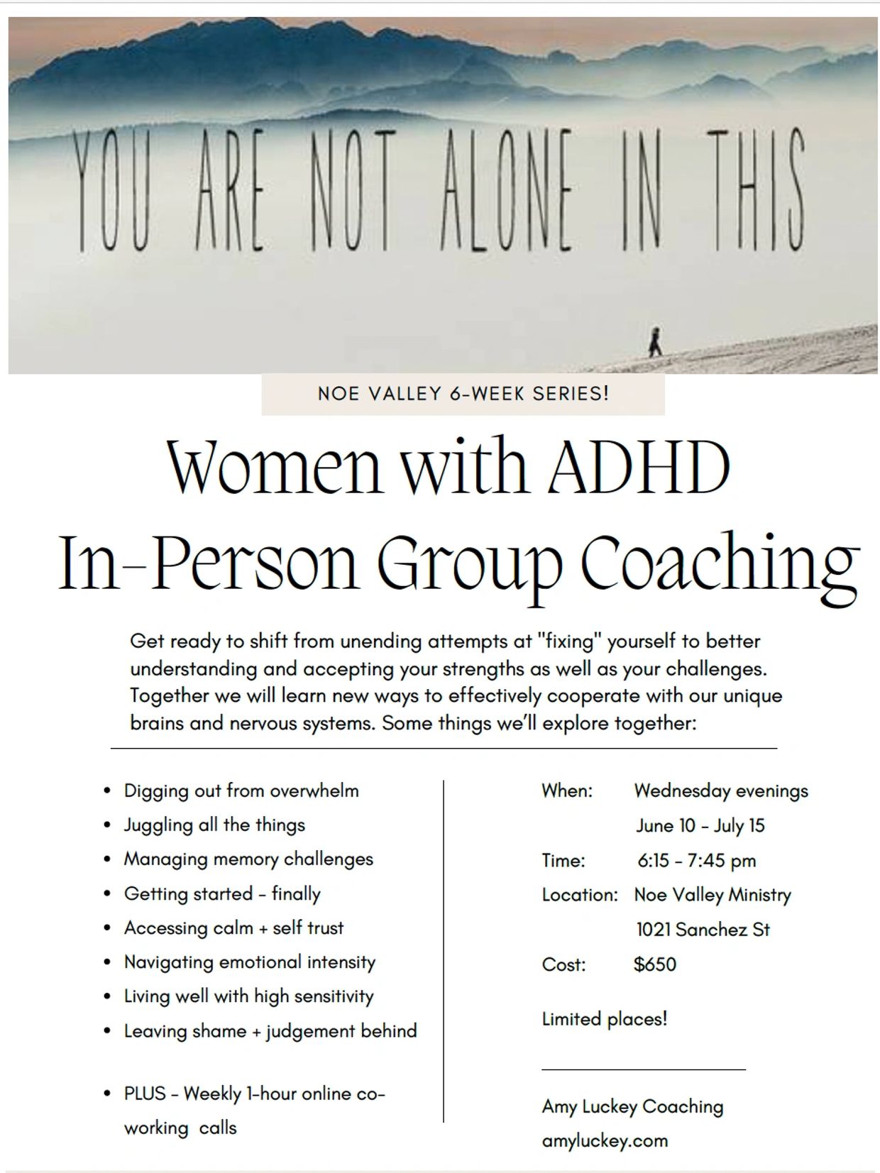 Flyer for women with ADHD group coaching in Noe Valley with in-person sessions and online calls.