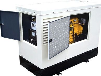 White industrial generator with open panels showing yellow engine.