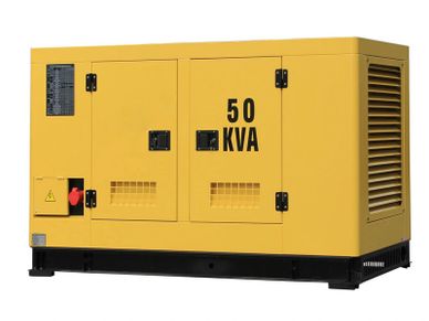 Yellow industrial generator with 50 KVA power rating.
