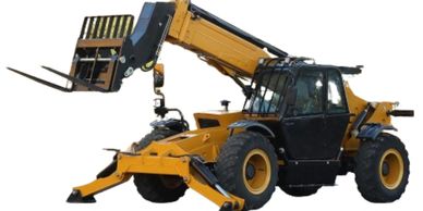 Yellow telehandler with extended forks and stabilizers.