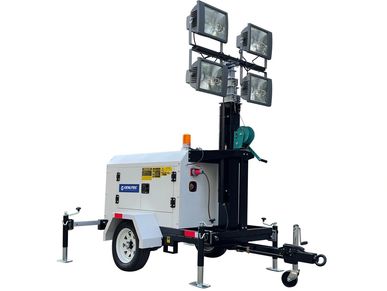 Portable light tower trailer with four floodlights and stabilizing legs.