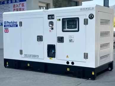 White Perkins diesel generator unit with control panel and ventilation.