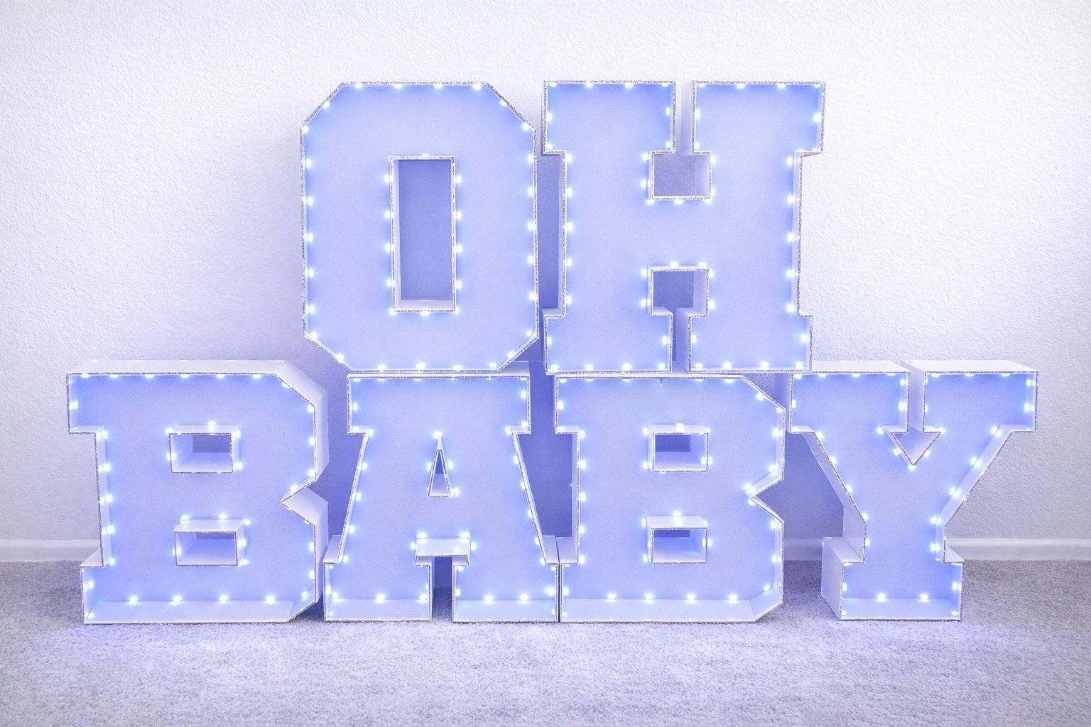 OH BABY marquee letters with lights for event decor in Aurora and Denver.