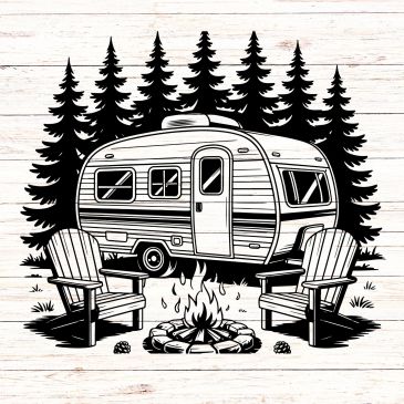 Camping trailer with campfire and chairs in forest.