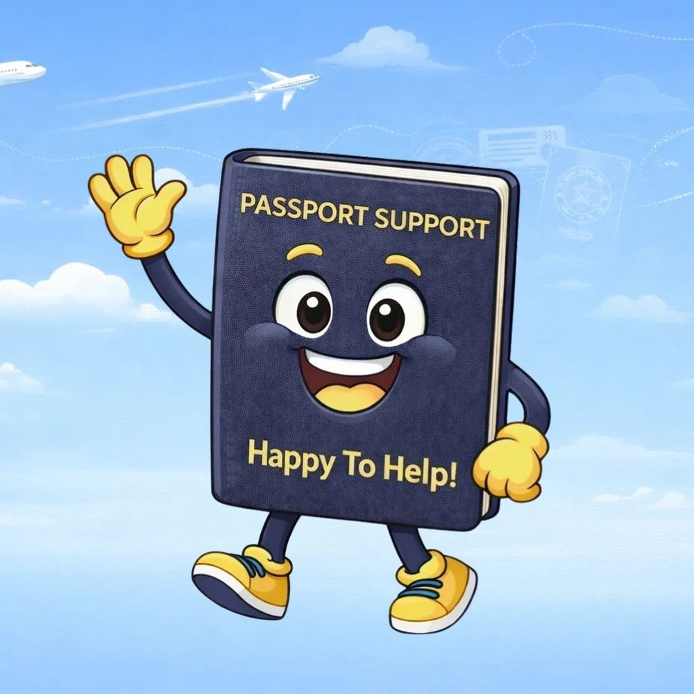 Happy cartoon passport waving with airplanes in the sky.