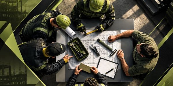 Team of maintenance workers planning with tools on a table.