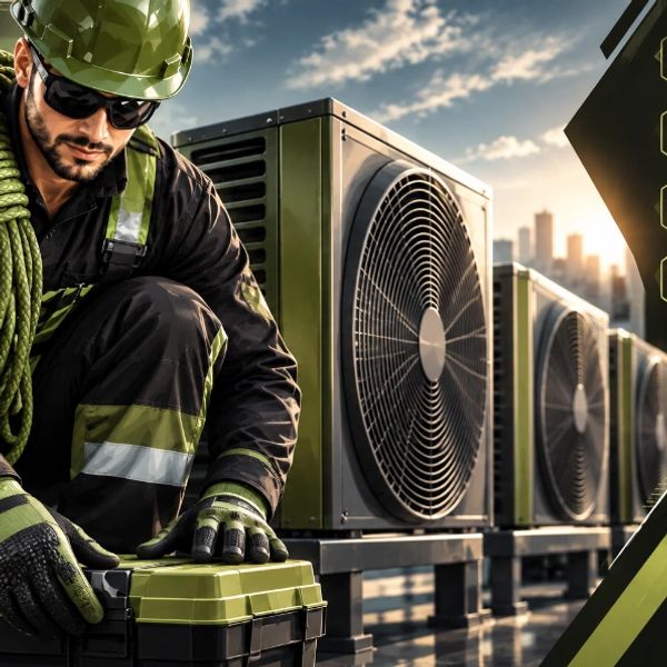 Technician with safety gear working on air conditioning unit.