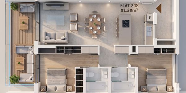Top-down view of a modern 81.38m² flat with two bedrooms and a balcony.