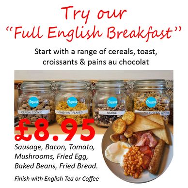 Advertisement for a full English breakfast with cereals and a cooked meal for £8.95.