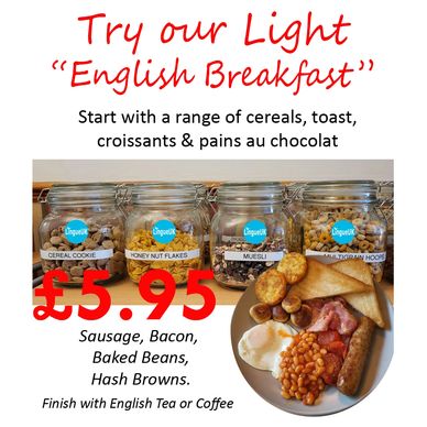 Light English Breakfast with cereals, toast, croissants, and a full plate plus tea or coffee for £5.95.