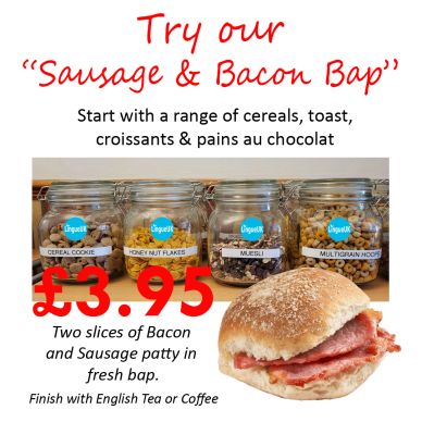 Sausage and bacon bap with cereals and drinks for £3.95.