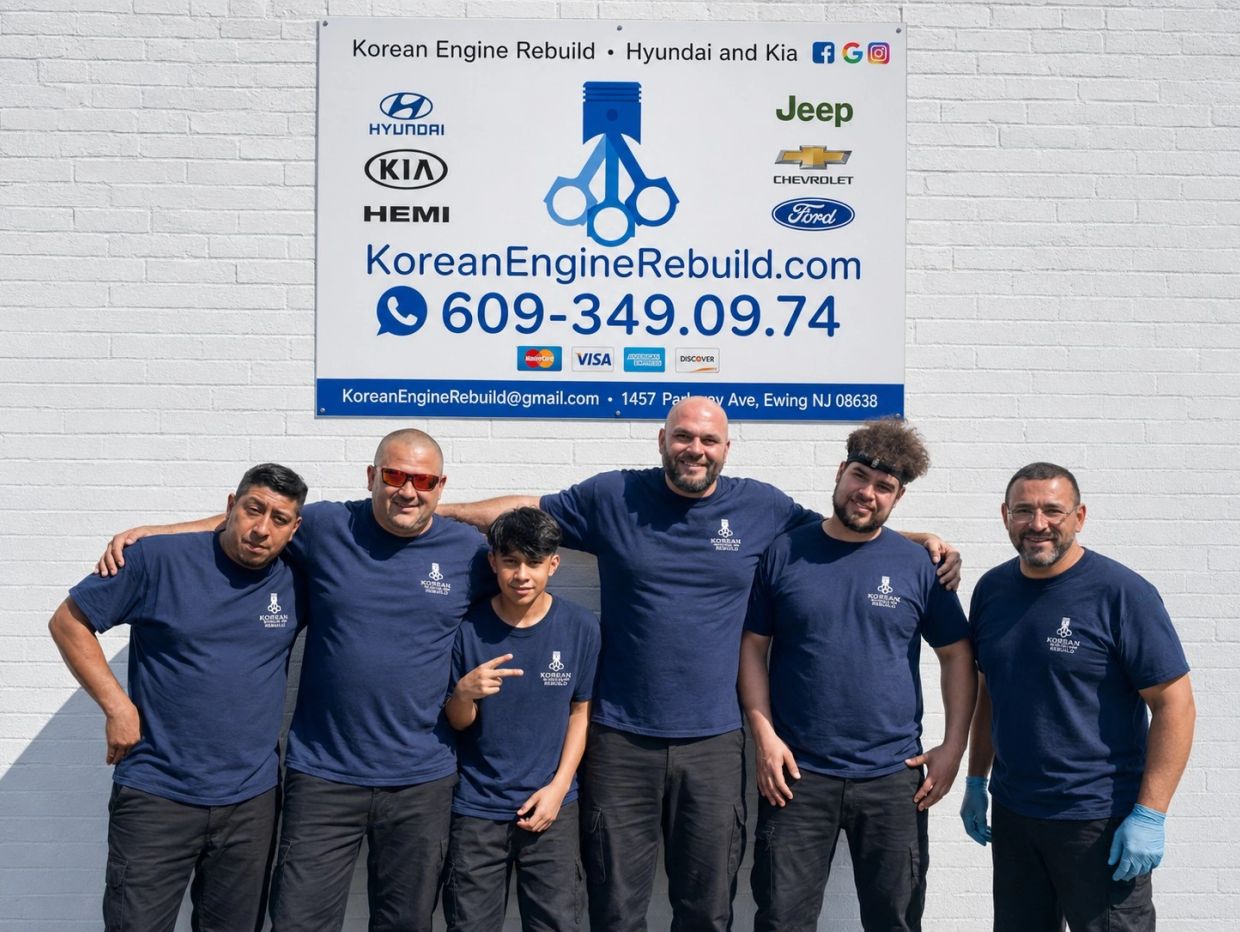 Team of mechanics standing in front of a Korean engine rebuild sign.