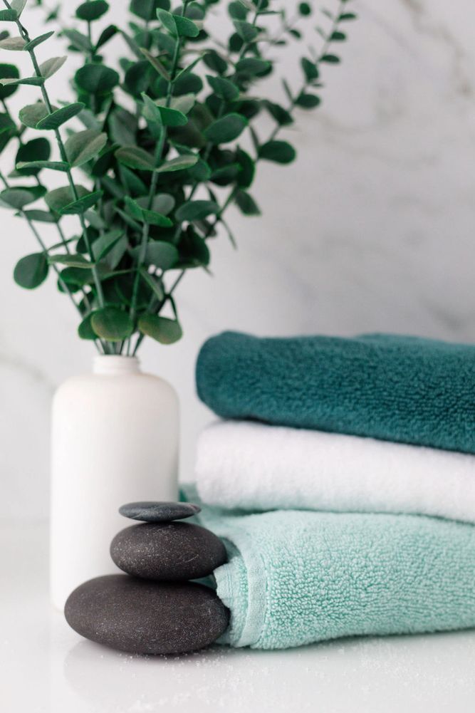 Green plants in a ceramic jar with folded towels on the side.