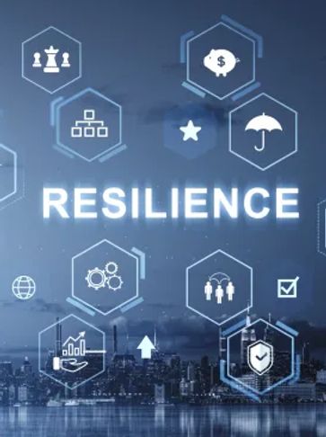 Word 'RESILIENCE' with business icons over cityscape background.