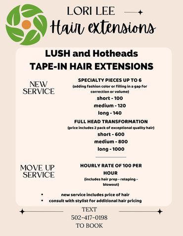 Flyer for Lori Lee Hair Extensions specializing in tape-in hair extension services.