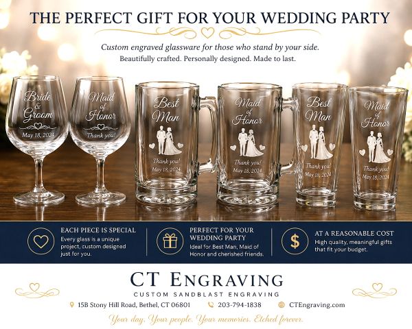 Custom engraved glassware for wedding parties, including wine glasses and mugs.