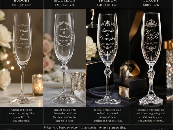 Four elegantly engraved champagne glasses categorized by price and design.