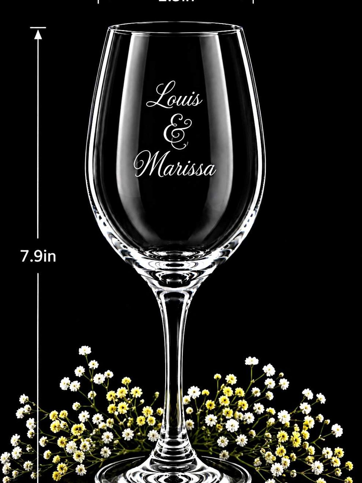 Elegant personalized wine glass with names Louis and Marissa.