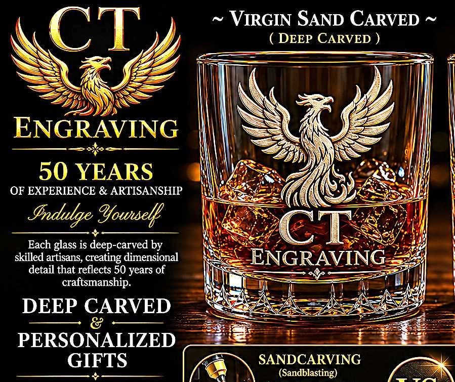 Comparison between deep carved sandcarving and laser etched glass engraving.
