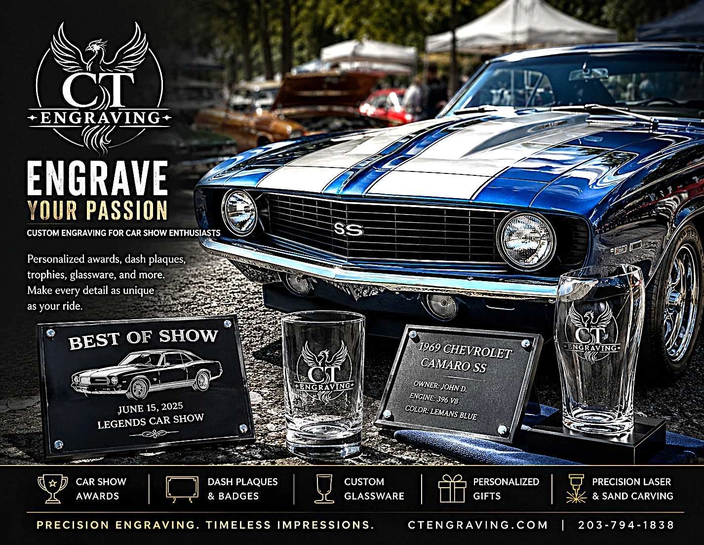 Engraving services for car show awards and custom glassware.