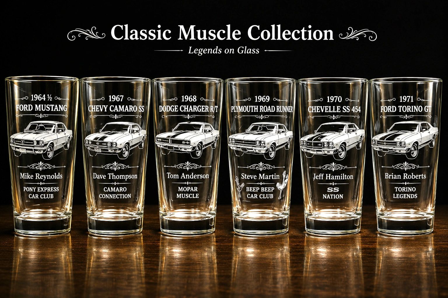 Classic Muscle Collection glassware showcasing 1960s muscle cars.