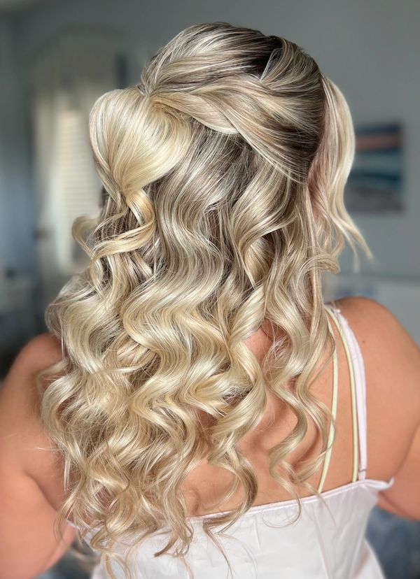 glam waves blonde hair half up half down flip hairstyle wedding bridesmaid