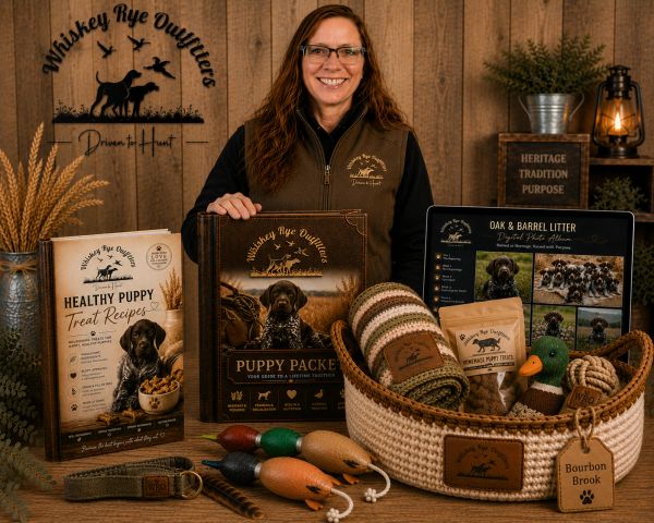 Woman presenting Whiskey Rye Outfitters dog products.