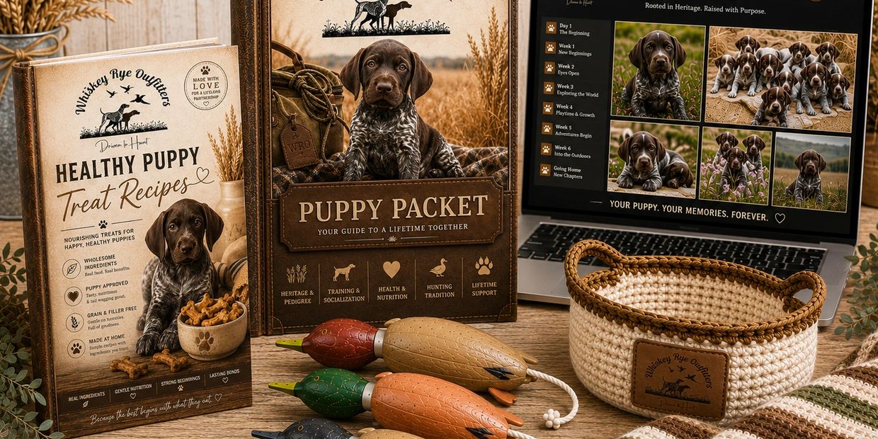 Puppy care and training package with treats and accessories.
