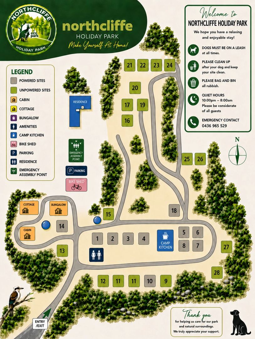 Map of Northcliffe Holiday Park with site types and rules.