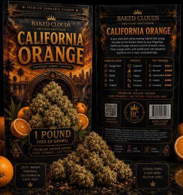 Packaging and buds of California Orange cannabis strain.