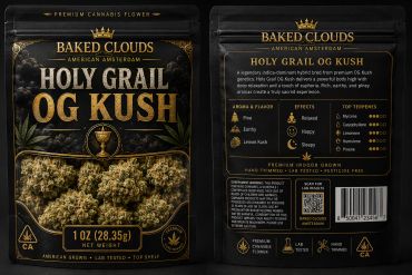 Baked Clouds Holy Grail OG Kush cannabis packaging.