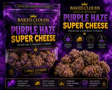 Baked Clouds Purple Haze Super Cheese cannabis packaging.