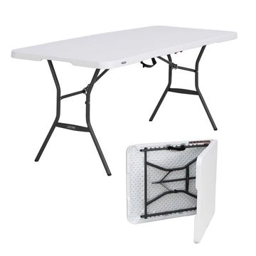 White folding table with black legs, shown open and folded.