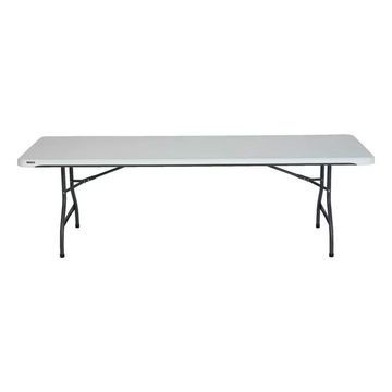 A long rectangular folding table with a white top and black legs.