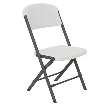 A white folding chair with black metal frame.