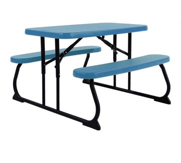 Blue plastic picnic table with attached benches and black metal frame.