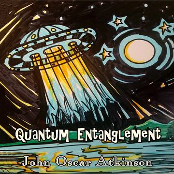 Illustration of a UFO beaming light in a starry night sky with the title 'Quantum Entanglement'.