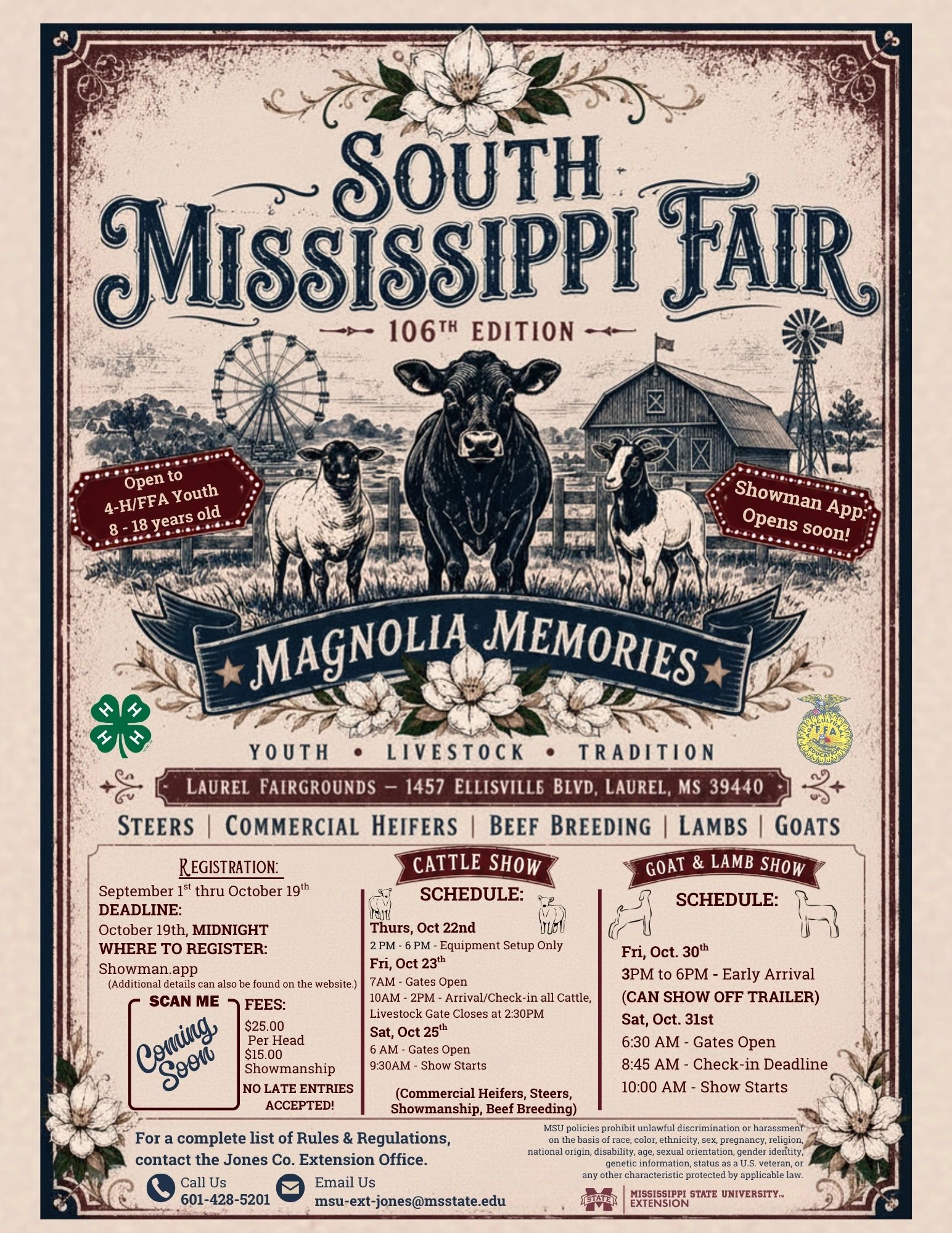 Poster for South Mississippi Fair 106th Edition featuring livestock shows.