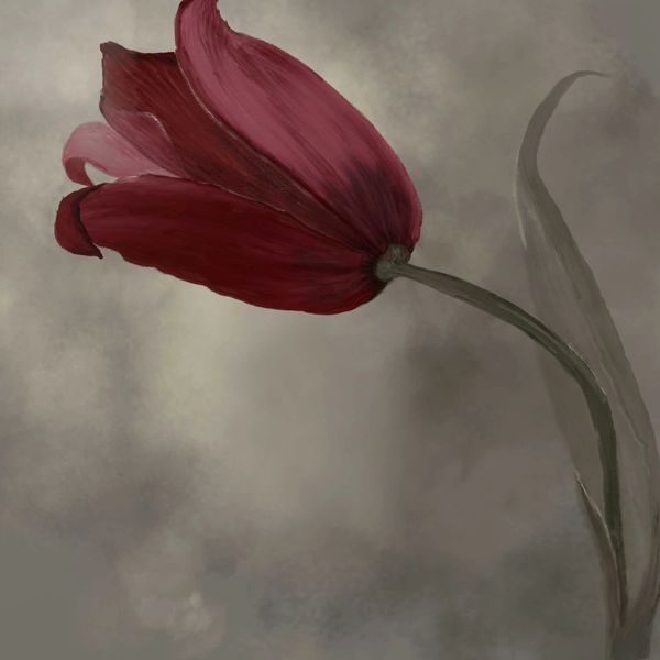 Original painting, Moody landscape tulip painting with red flower under a dramatic sky.