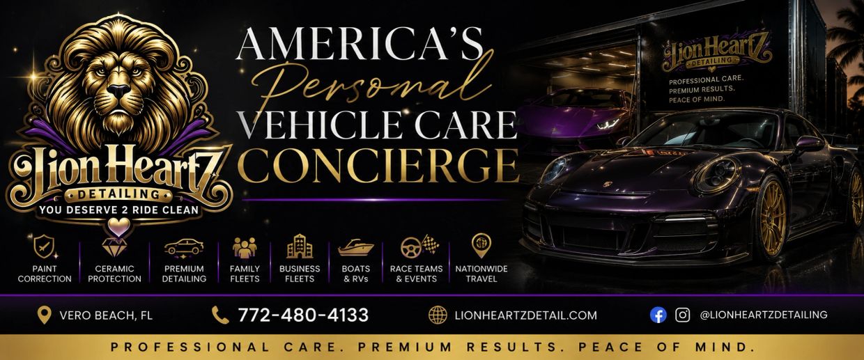 Luxurious car detailing service advertisement with sleek sports cars and gold accents.